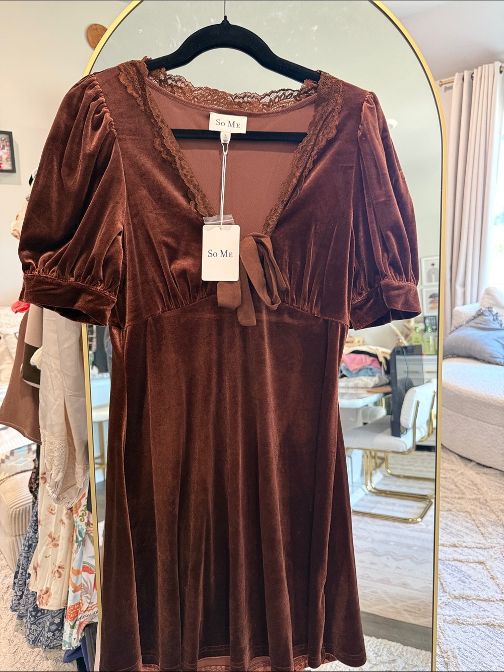 So Me Velvet Brown Tie-Front Mini Dress